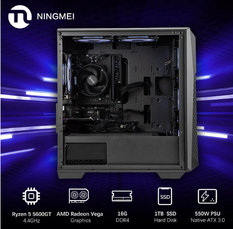 Ningmei Gaming PC Desktop AMD R5 5600GT 3.6Hz CPU,1TB NVME SSD, 16GB DDR4 RAM 3200MHz,AMD Radeon Vega 7 Graphics,6RGB Fans,550W PSU, Windows 11 Home 64-bit- WIFI- Gaming Desktop