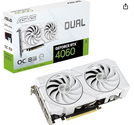 ASUS Dual GeForce RTX™ 4060 EVO White OC Edition 8GB GDDR6 (PCIe 4.0, 8GB GDDR6, DLSS 3, HDMI 2.1a, DisplayPort 1.4a, Axial-tech Fan Design, 0dB Technology, Dual BIOS, Auto-Extreme Tech)