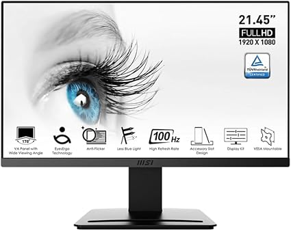 120 HZ MSI PRO MP223, 22-inch VA 1920 x 1080 (FHD) Computer Monitor, Adaptive-Synch, HDMI, Video Port, VESA Mountable, Less Blue Light, Tilt, 1ms, Black