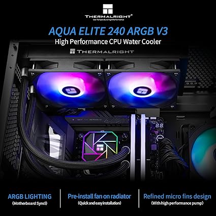 Thermalright Aqua Elite 240 V3 Liquid CPU Cooler, 240 Cooling Row Size, 2 x 120mm PWM Fans, S-FDB Bearings,for AMD/AM4/AM5, Intel LGA1150/1151/1155/1156/1200/2011/1700,Desktop CPU Cooler AIO