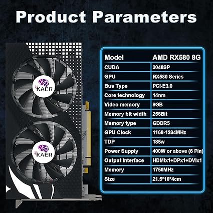 KAER RX580 8GB Graphics Card, 2048SP, GDDR5, 256 Bit，Pc Gaming Video Card with Dual Fans 1284/7000MHz,PCI Express 3.0 Gaming Graphics Card, DVI HDMI DP Desktop