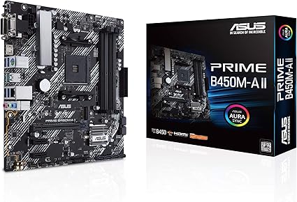 ASUS Prime B450M-A II AMD AM4 (Ryzen 5000, 3rd/2nd/1st Gen Ryzen Micro ATX Motherboard (128GB DDR4, 4400 O.C.), NVMe, HDMI 2.0b/DVI/D-Sub, USB 3.2 2, BIOS Flashback, and Aura Sync)