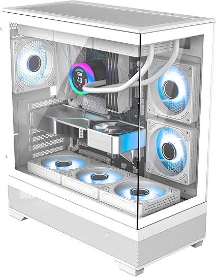 White ATX PC case, 3 RGB Fans Pre-Installed, ATX Mid Tower PC Case, White, USB Type C Port, 410mm GPU, 270° Panoramic Tempered Glass Front & Side Panel, 360mm Radiator Support