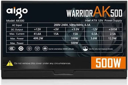 Aigo AK 500W PC PSU Power Supply Unit Black Gaming Quiet 120mm RGB Fan 24pin 12V